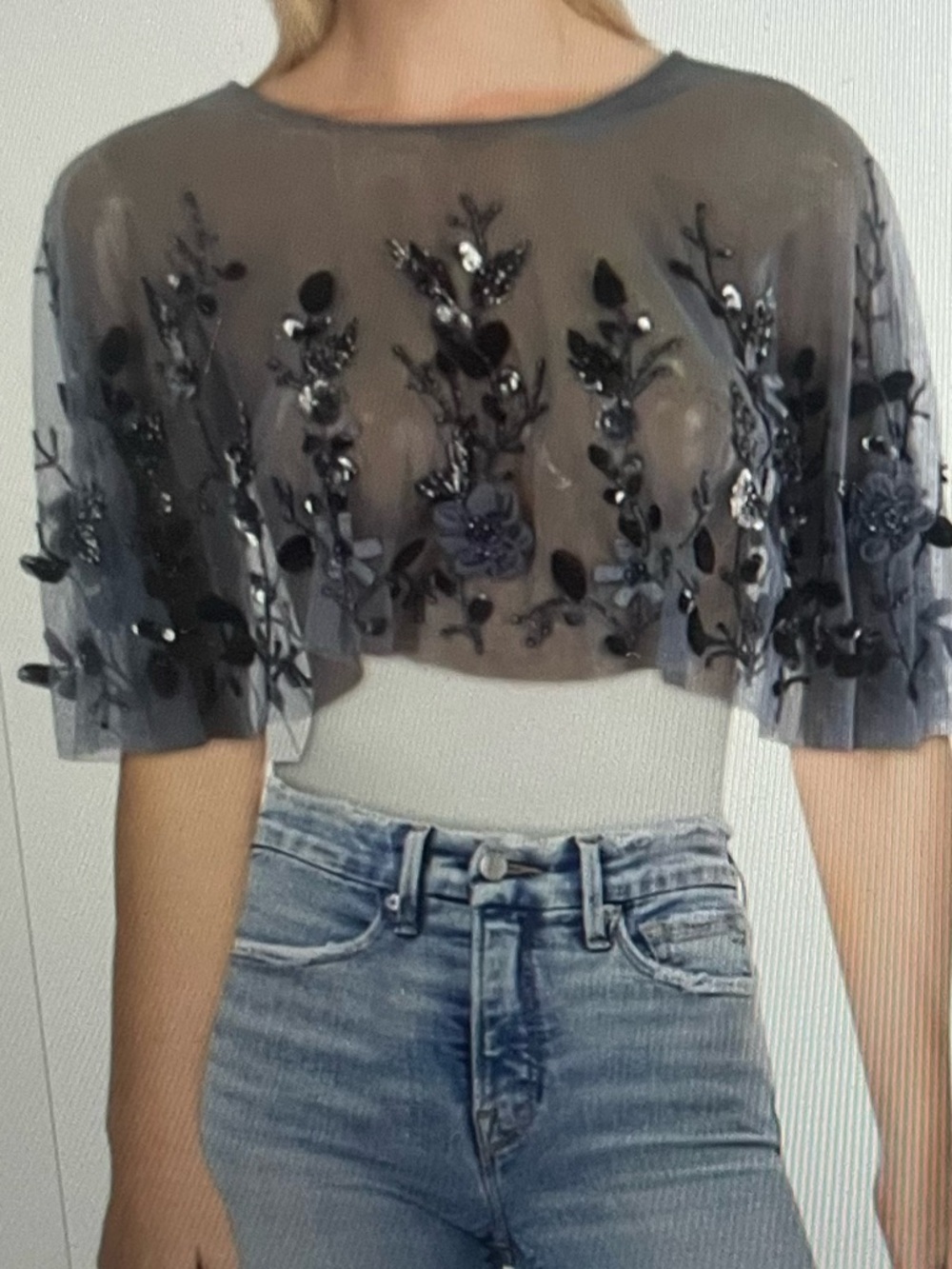 Mac Duggal Light Blue Sheer Embellished Crop Top